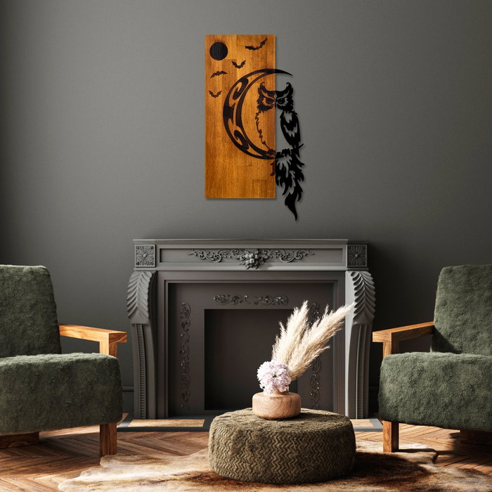 Wallity Owl Escultura de pared de madera y metal en nogal y negro Wallity Owl Escultura de pared de madera y metal en nogal y negro